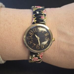 Geneva Black Dial Women's Watch with Floral Stretch Band